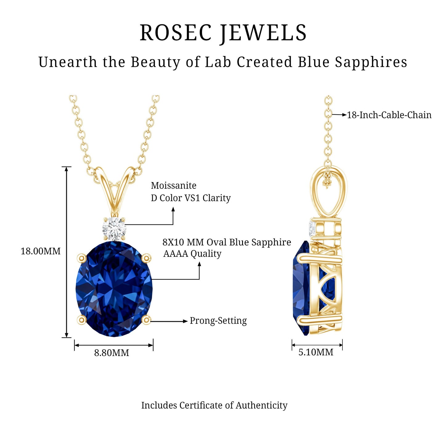 Certified Oval Lab Created Blue Sapphire Necklace with Chain