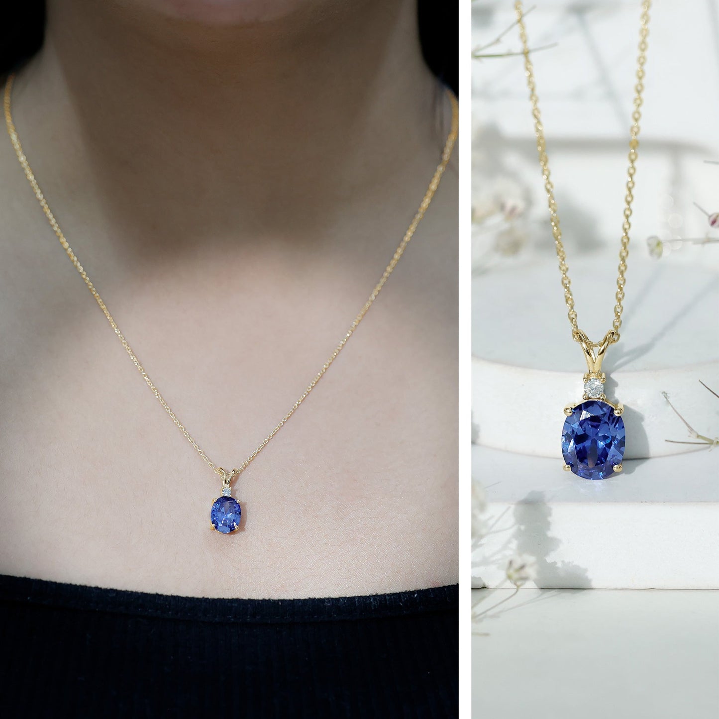 Certified Oval Lab Created Blue Sapphire Necklace with Chain
