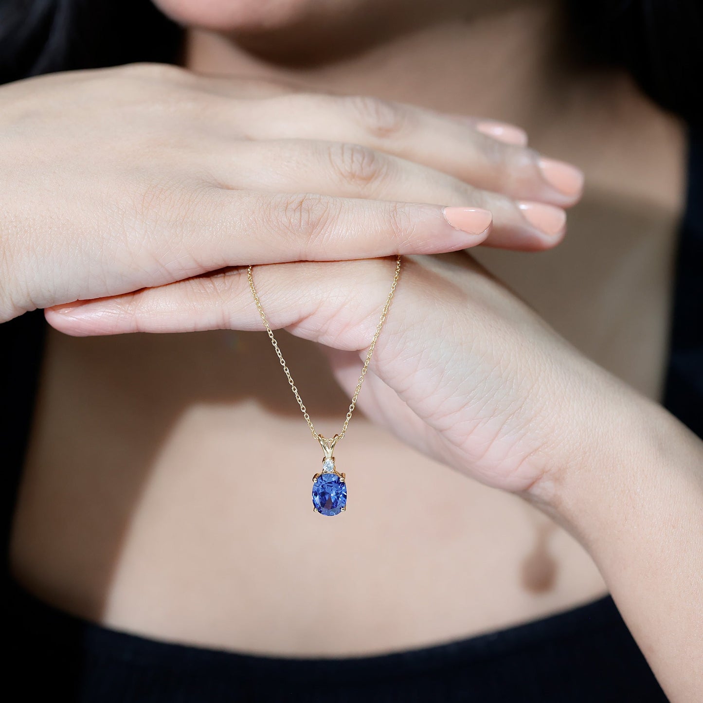 Certified Oval Lab Created Blue Sapphire Necklace with Chain