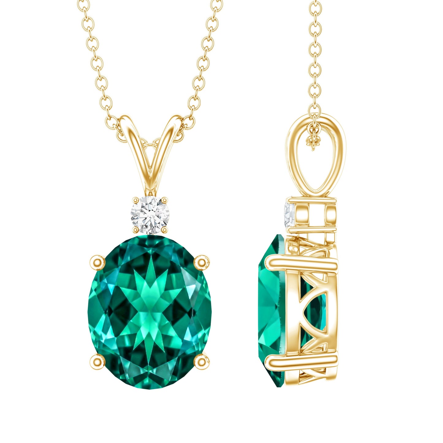 Oval Created Emerald and Moissanite Solitaire Pendant