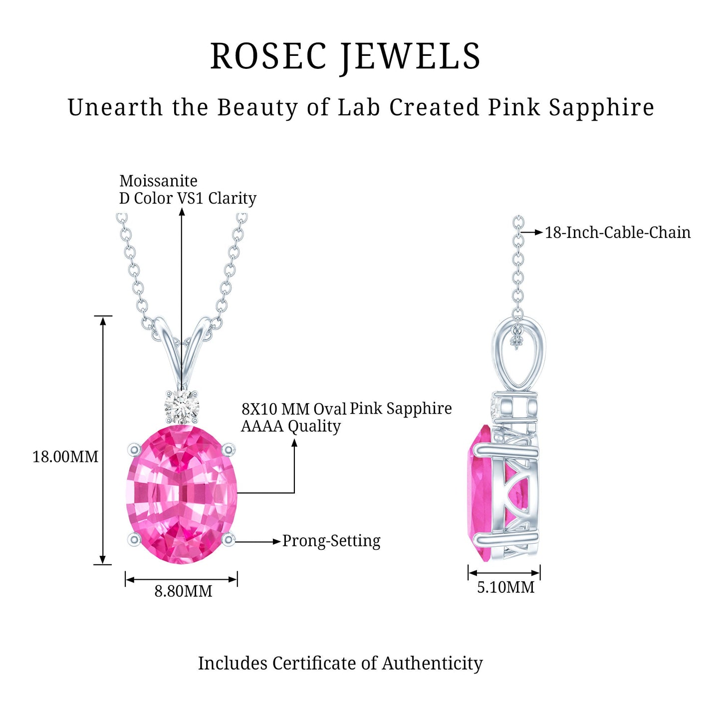 4 Carat Lab Created Pink Sapphire Oval Necklace