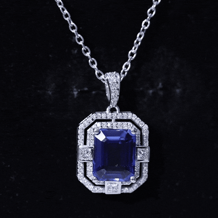 2.7 Carat Emerald Cut Lab Created Blue Sapphire Vintage Necklace with Diamond