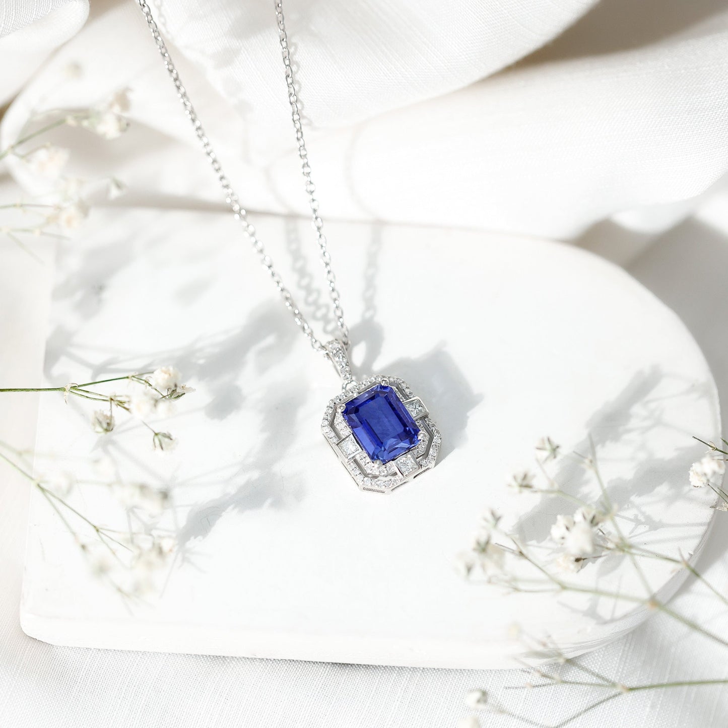 2.7 Carat Emerald Cut Lab Created Blue Sapphire Vintage Necklace with Diamond