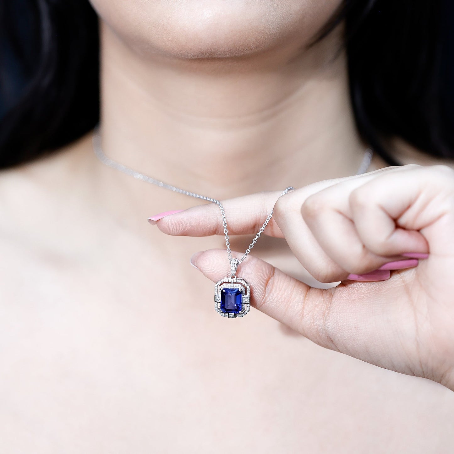 2.7 Carat Emerald Cut Lab Created Blue Sapphire Vintage Necklace with Diamond