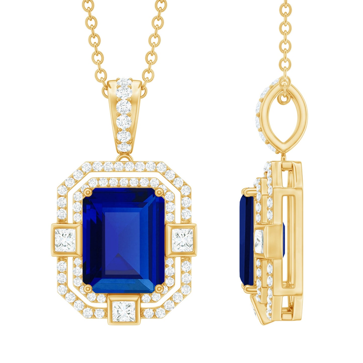 2.7 Carat Emerald Cut Lab Created Blue Sapphire Vintage Necklace with Diamond