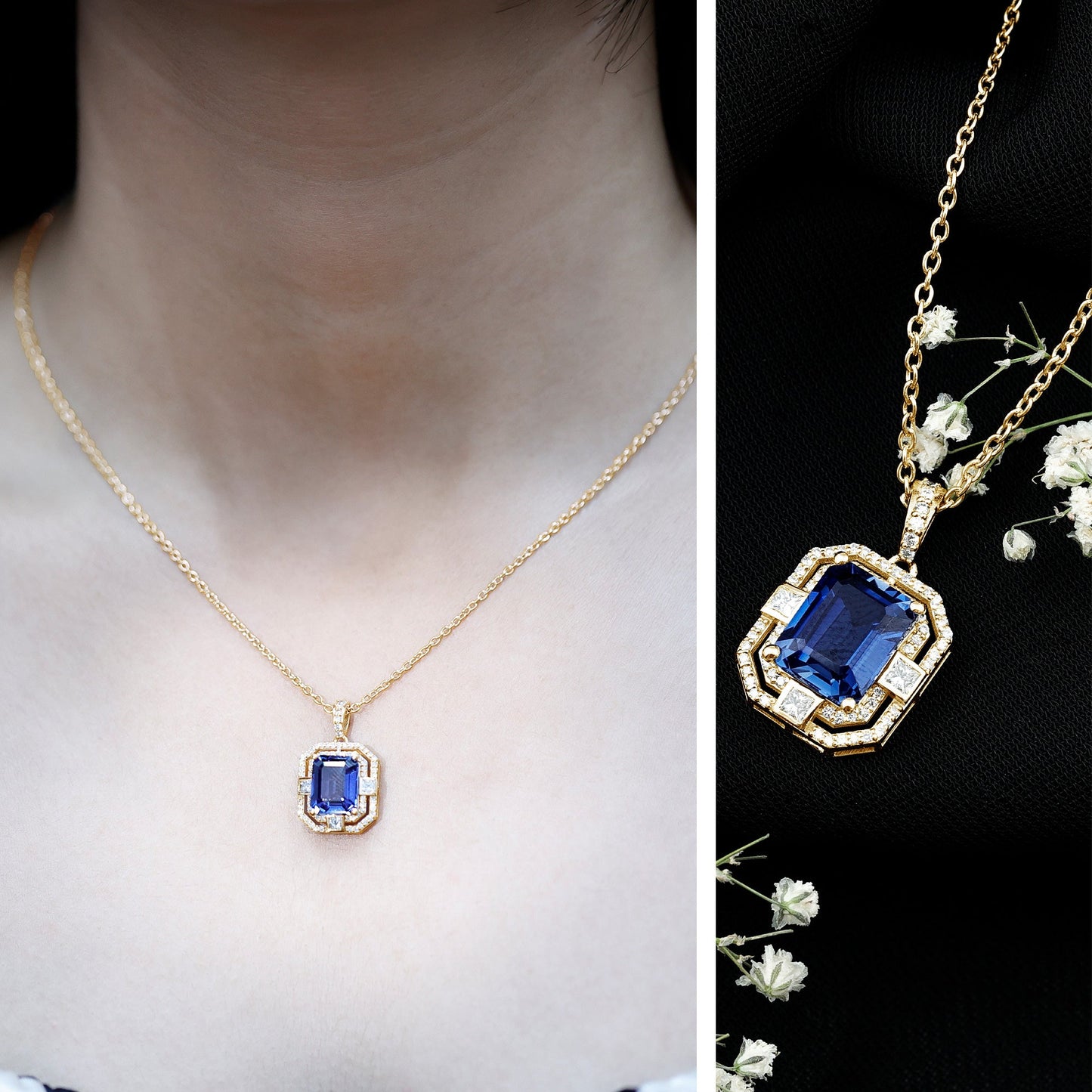 2.7 Carat Emerald Cut Lab Created Blue Sapphire Vintage Necklace with Diamond