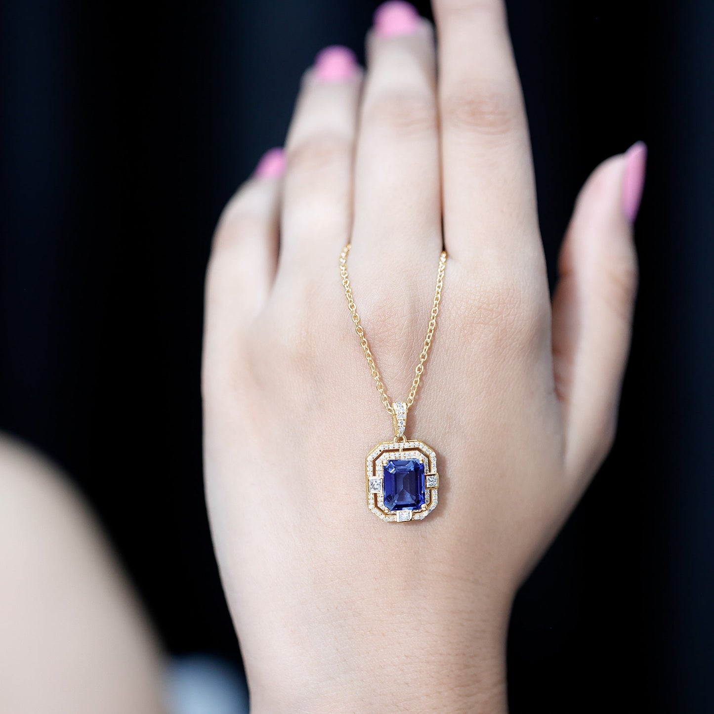 2.7 Carat Emerald Cut Lab Created Blue Sapphire Vintage Necklace with Diamond