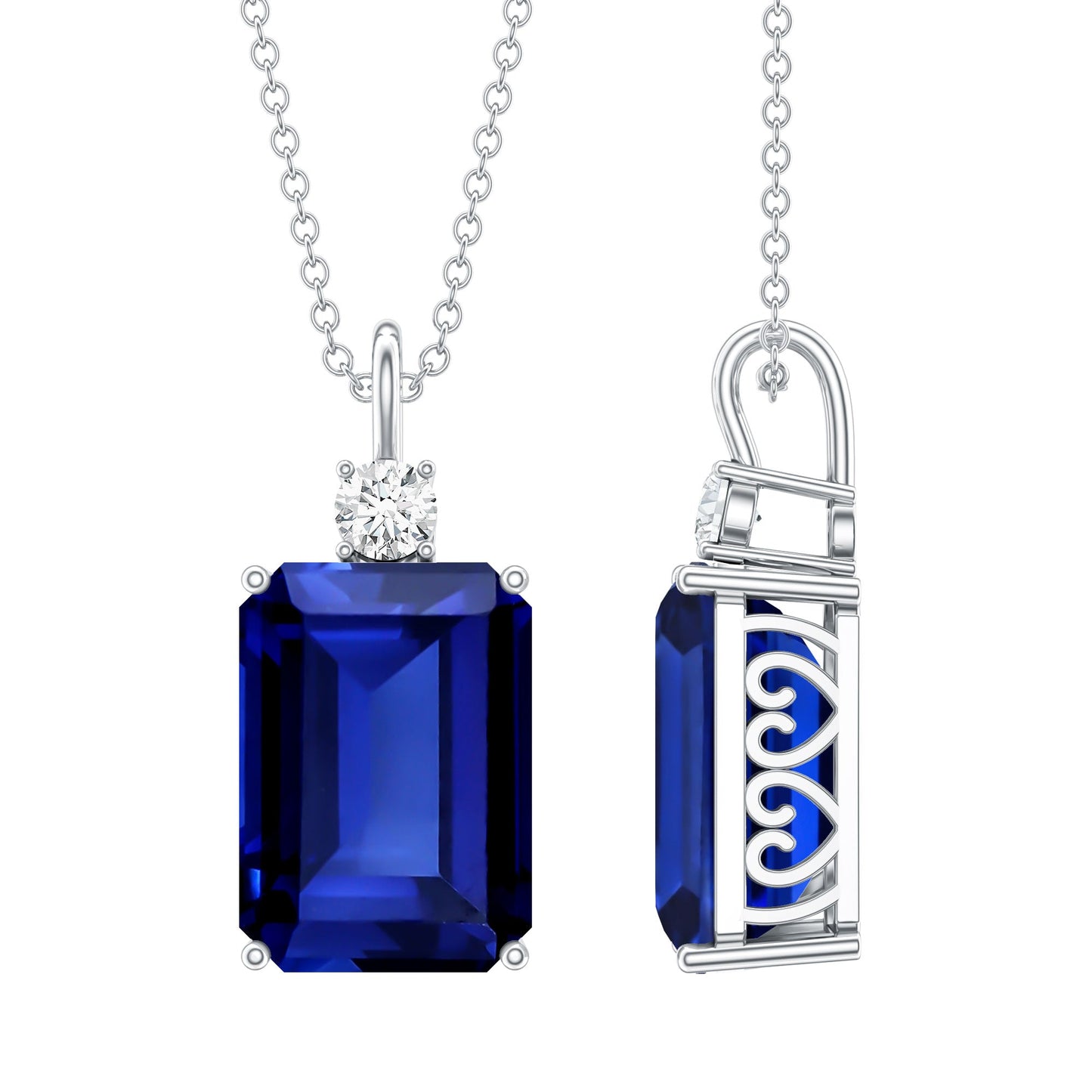 9 Carat Lab Grown Blue Sapphire Emerald Cut Necklace with Diamond