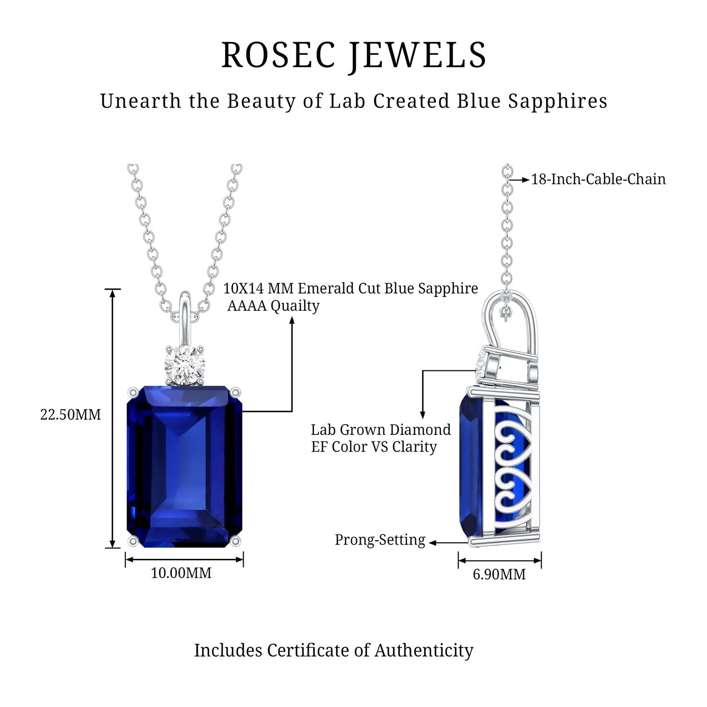 9 Carat Lab Grown Blue Sapphire Emerald Cut Necklace with Diamond