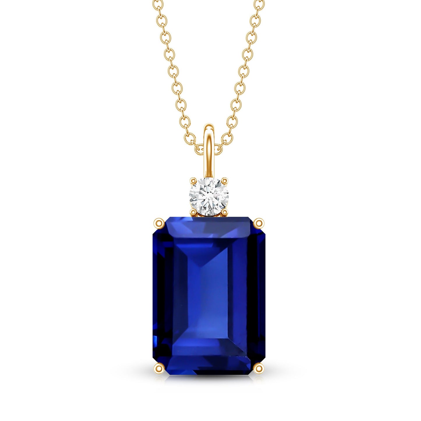 9 Carat Lab Grown Blue Sapphire Emerald Cut Necklace with Diamond