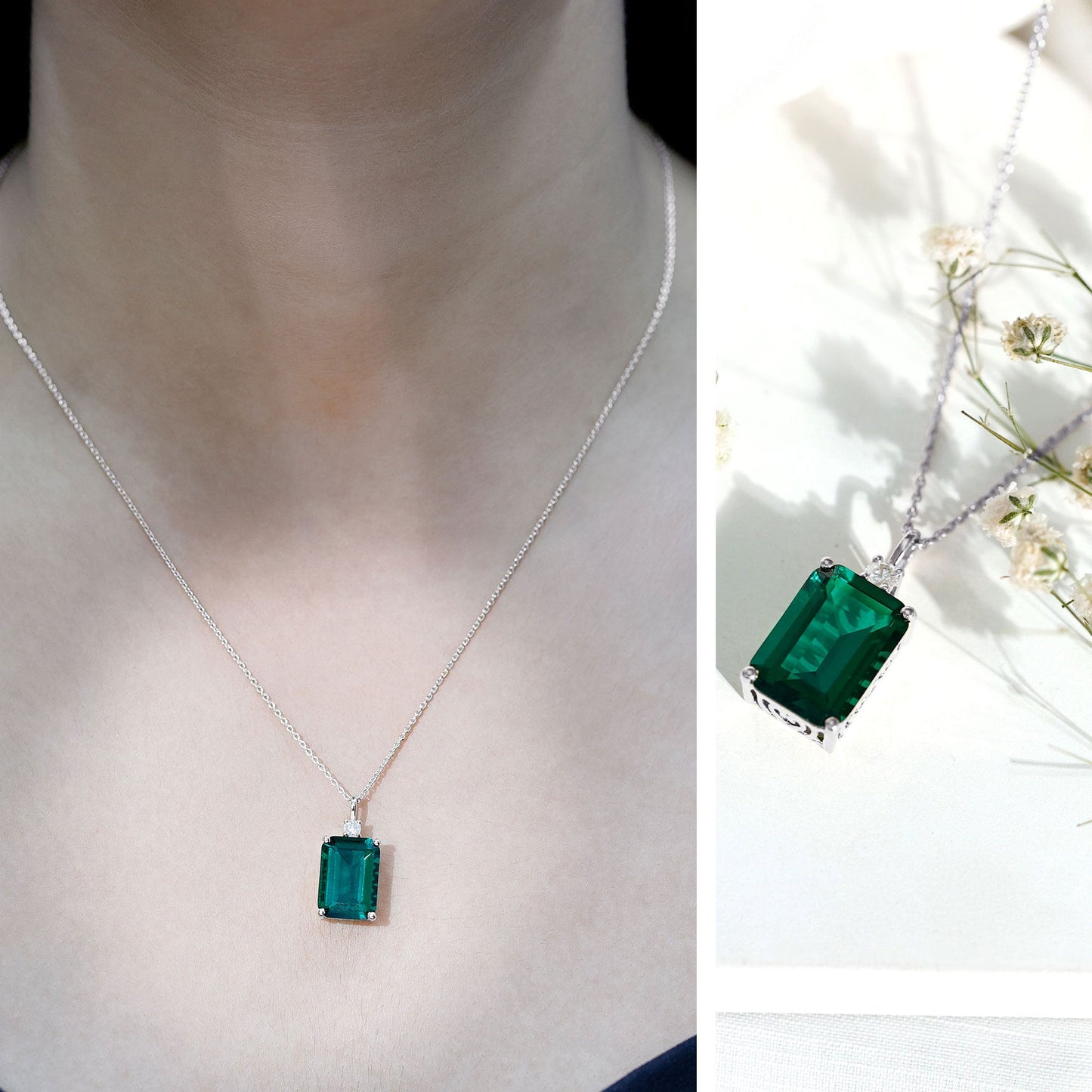 Certified 8.2 Carat Lab Grown Emerald Cocktail Necklace with Diamond