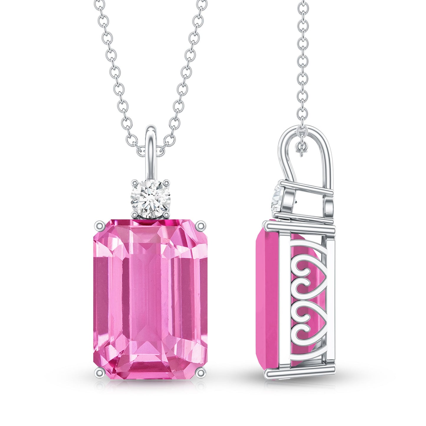 9 Carat Emerald Cut Lab Created Pink Sapphire Pendant with Diamond