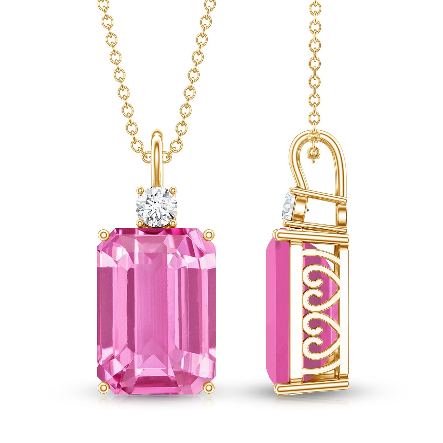 9 Carat Emerald Cut Lab Created Pink Sapphire Pendant with Diamond