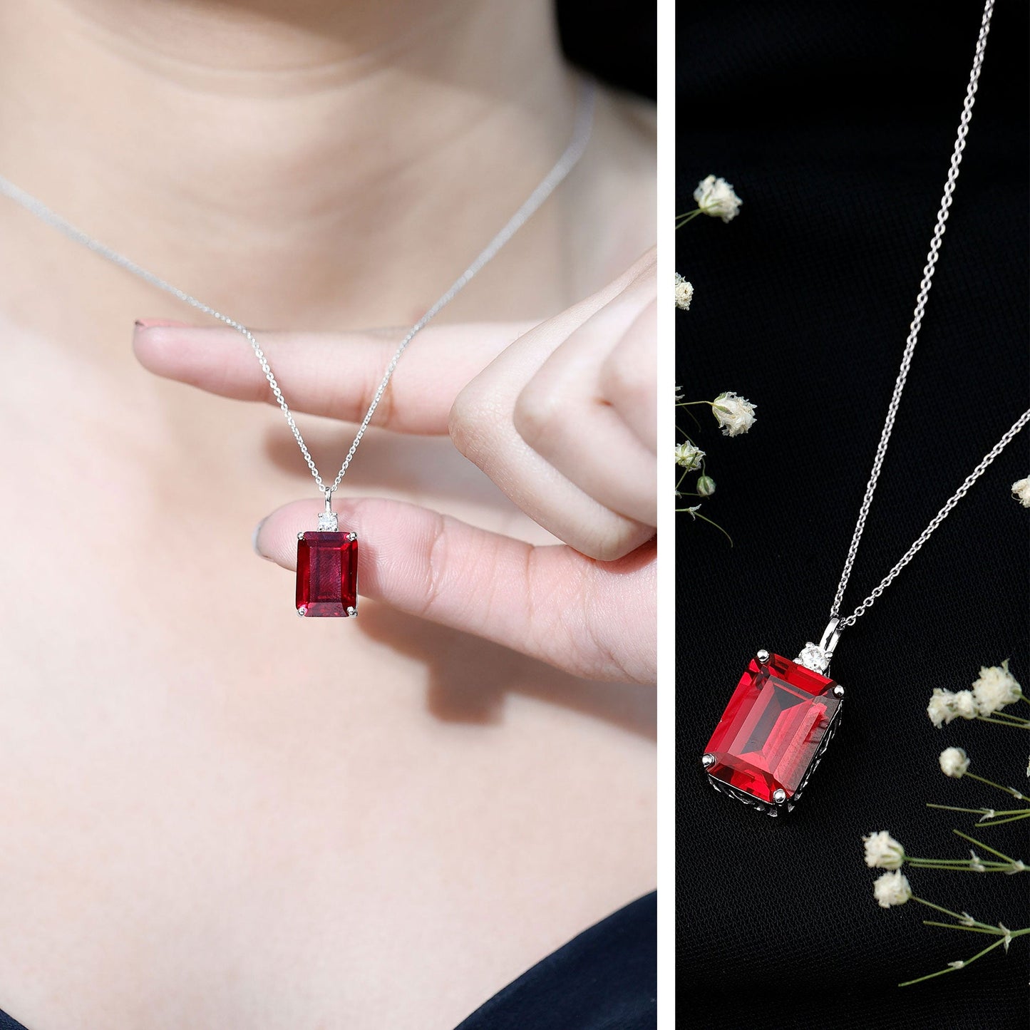5 Carat Emerald Cut Lab Created Ruby Solitaire Pendant with Diamond
