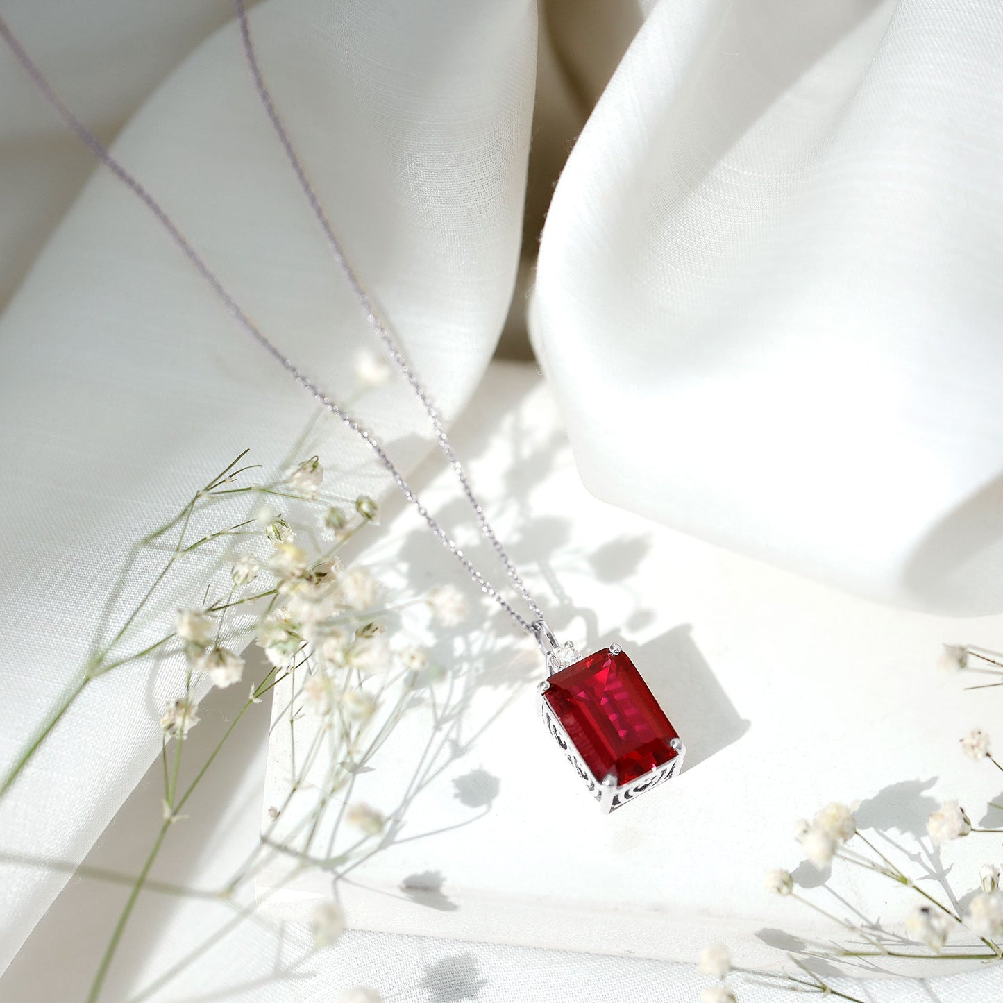 5 Carat Emerald Cut Lab Created Ruby Solitaire Pendant with Diamond