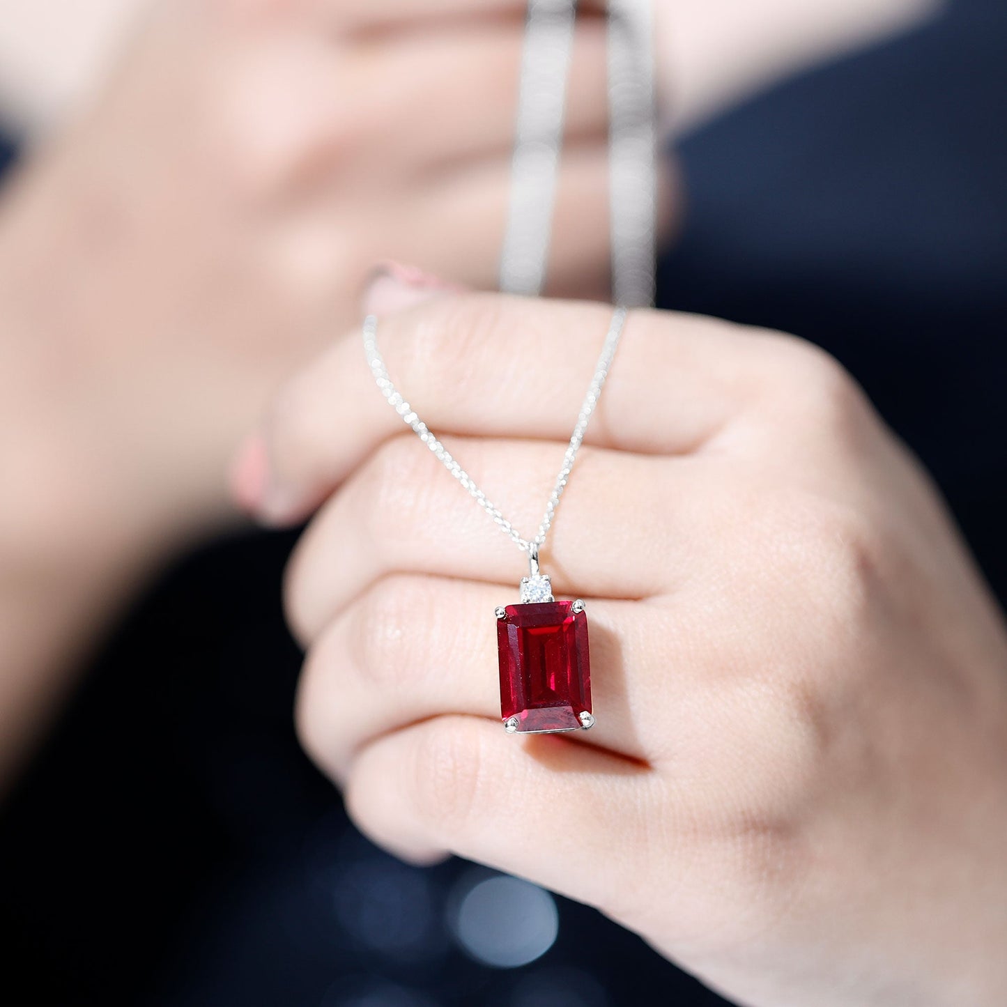 5 Carat Emerald Cut Lab Created Ruby Solitaire Pendant with Diamond