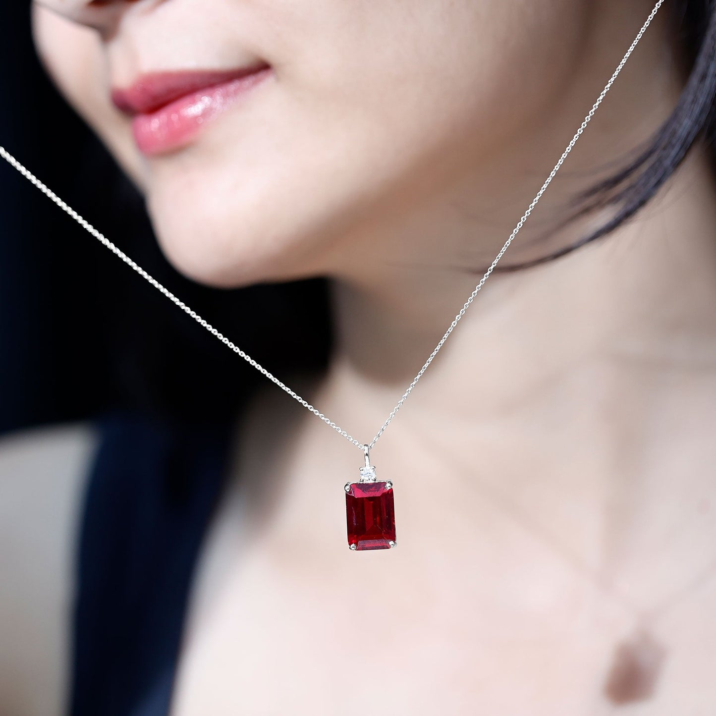 5 Carat Emerald Cut Lab Created Ruby Solitaire Pendant with Diamond