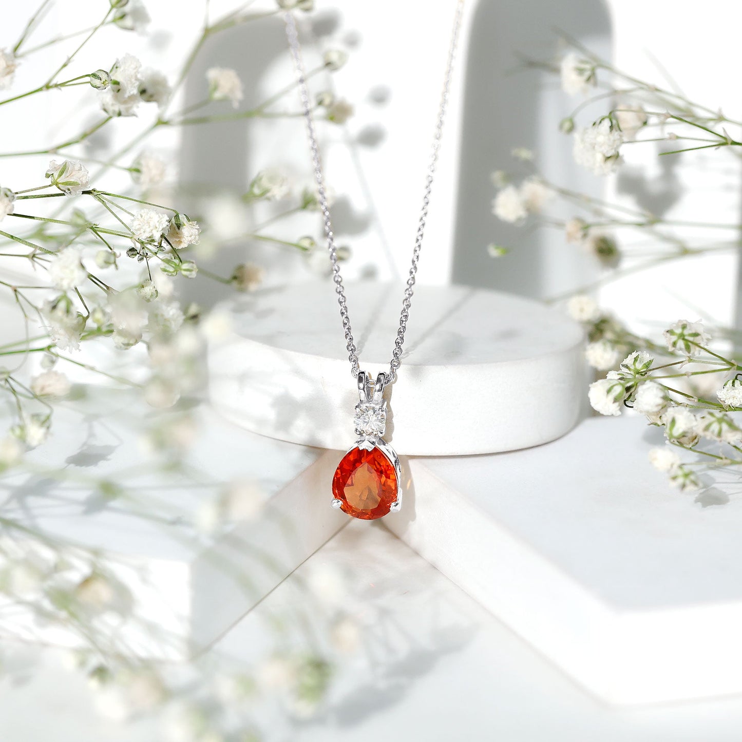 3.3 Carat Lab Created Orange Sapphire Teardrop Necklace with Diamond