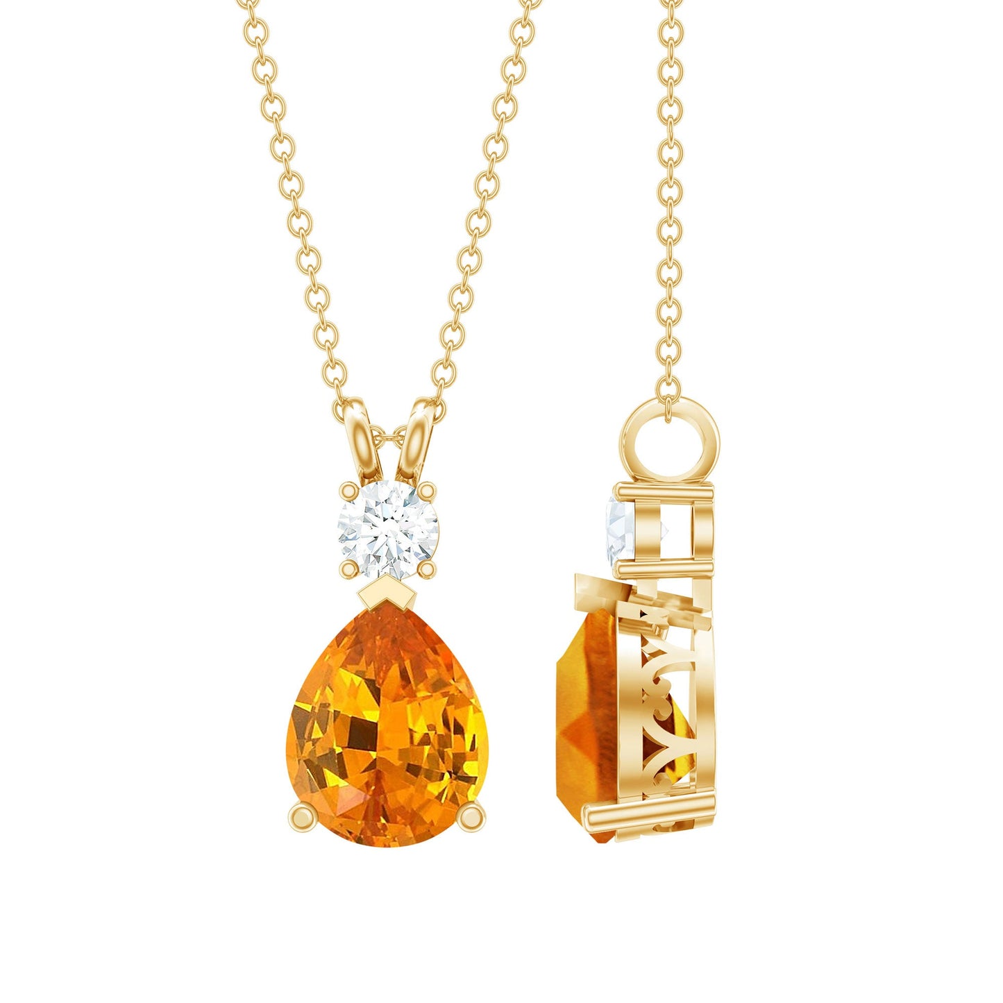 3.3 Carat Lab Created Orange Sapphire Teardrop Necklace with Diamond