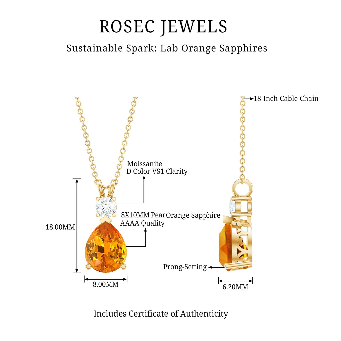 3.3 Carat Lab Created Orange Sapphire Teardrop Necklace with Diamond