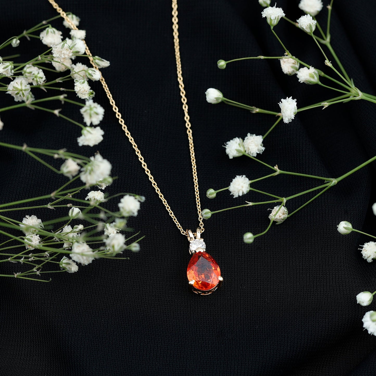 3.3 Carat Lab Created Orange Sapphire Teardrop Necklace with Diamond