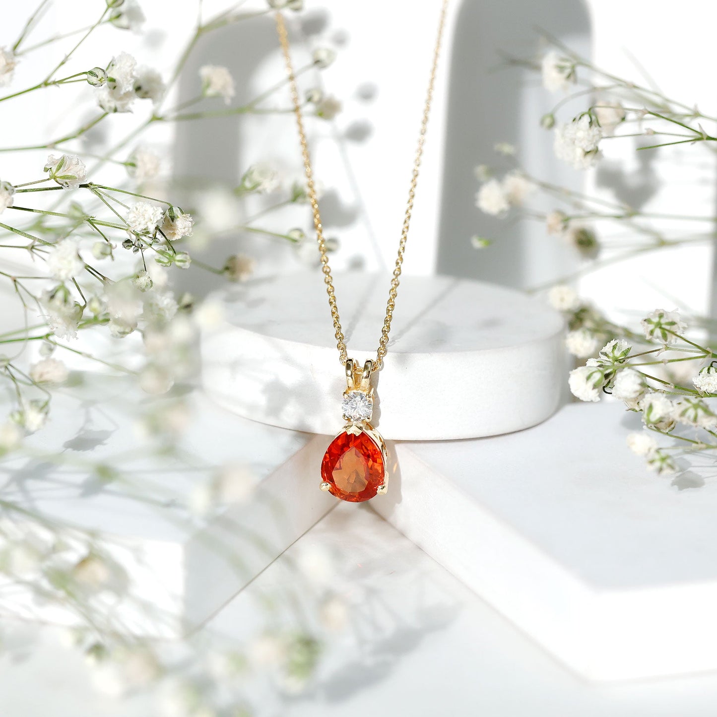 3.3 Carat Lab Created Orange Sapphire Teardrop Necklace with Diamond