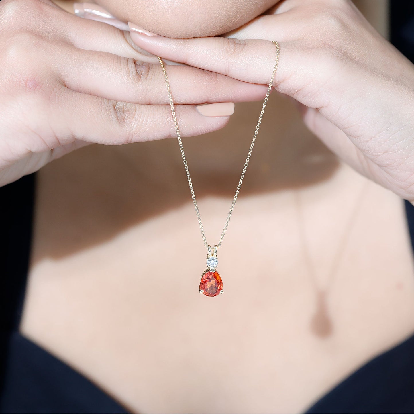3.3 Carat Lab Created Orange Sapphire Teardrop Necklace with Diamond