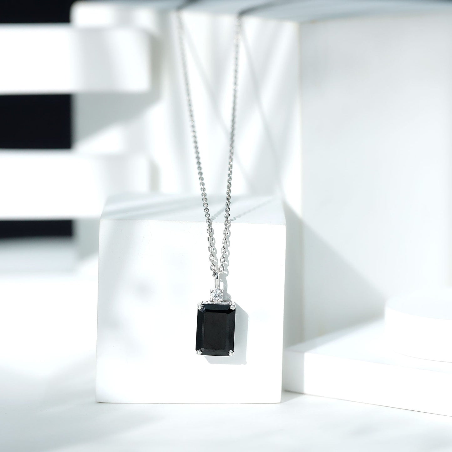 3.48 Carat Emerald Cut Lab Created Black Diamond Solitaire Necklace