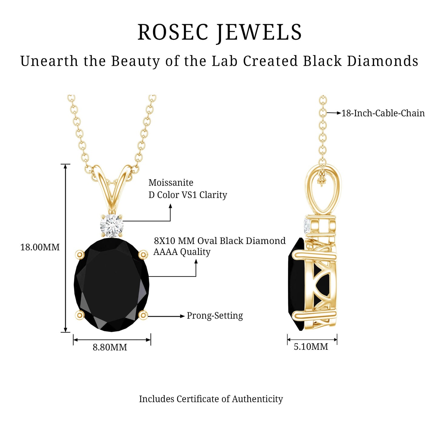 4.2 Carat Oval Shape Lab Created Black Diamond Solitaire Pendant Necklace