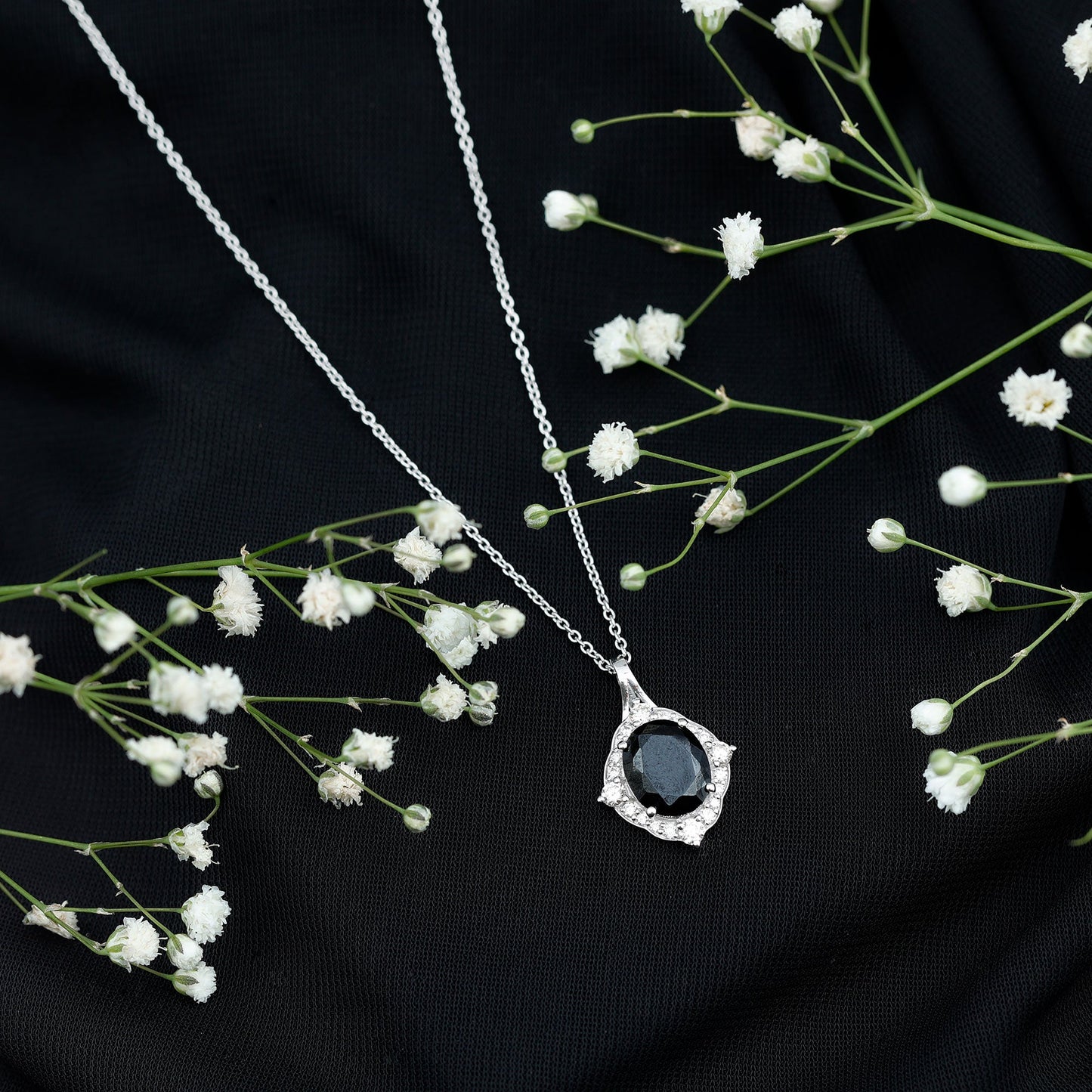 Vintage Style Created Black Diamond Halo Pendant Necklace
