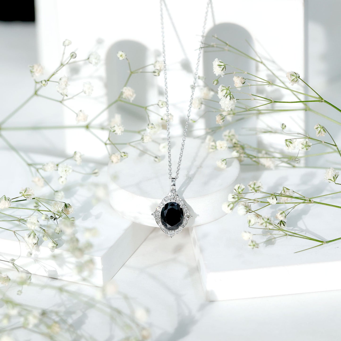 Vintage Style Created Black Diamond Halo Pendant Necklace