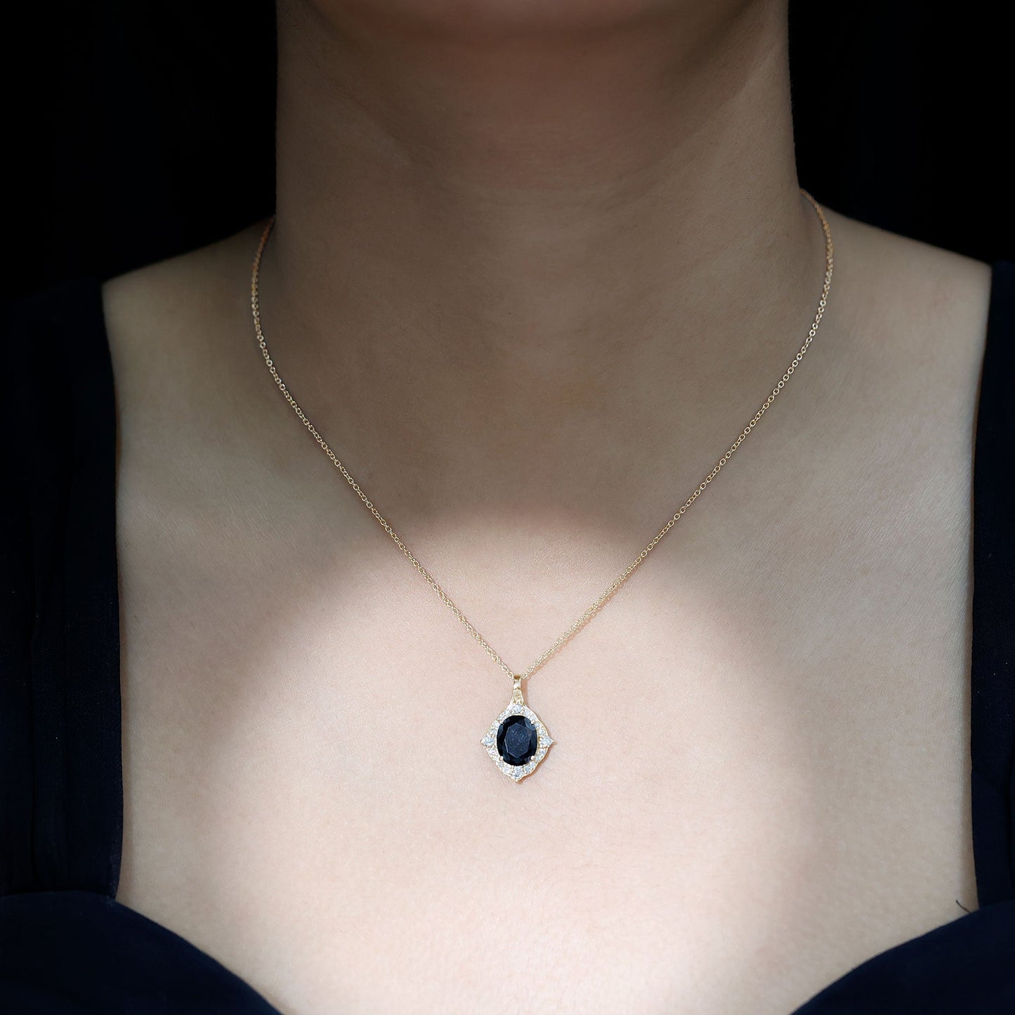 Vintage Style Created Black Diamond Halo Pendant Necklace