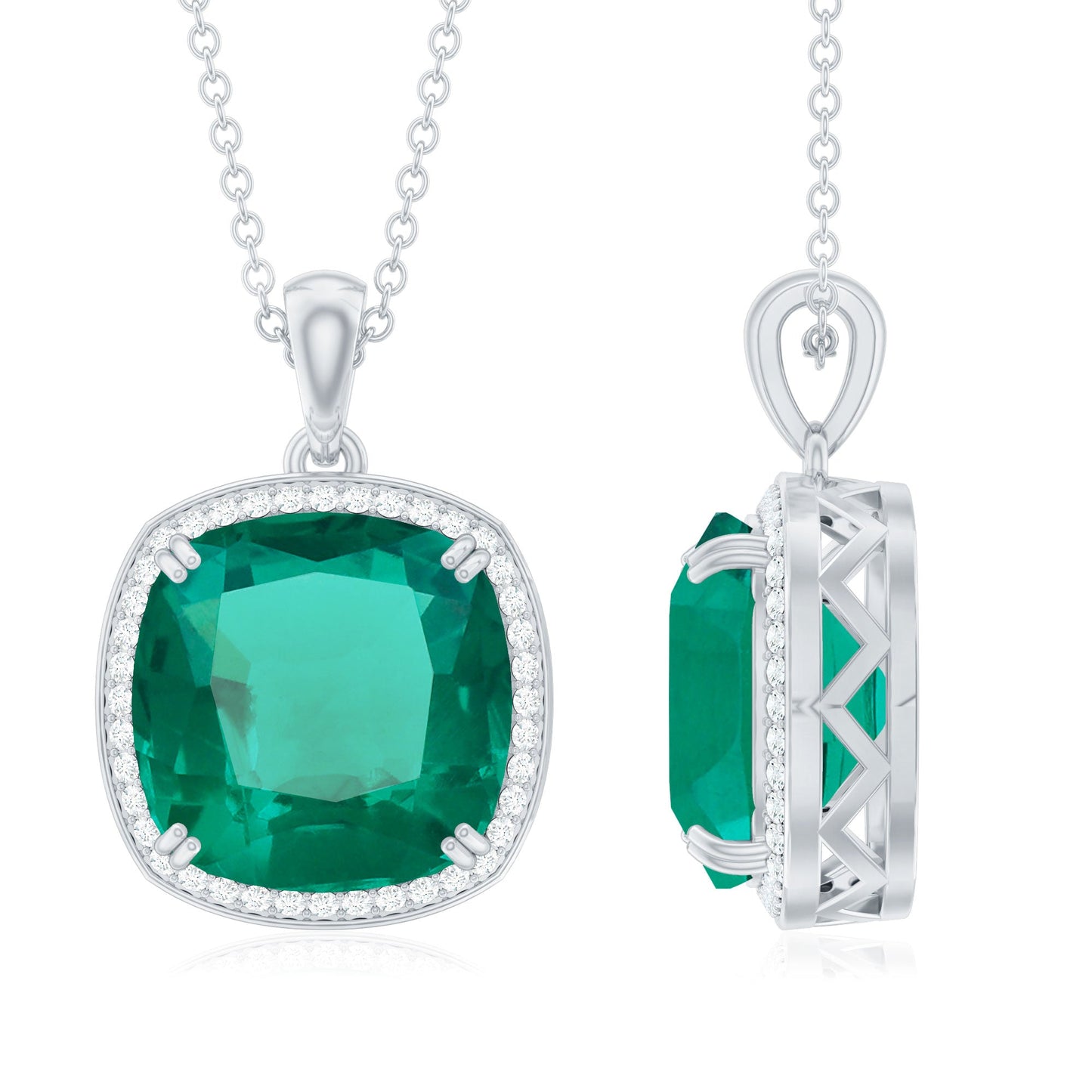 9 Carat Cushion Cut Lab Created Emerald and Diamond Cocktail Necklace