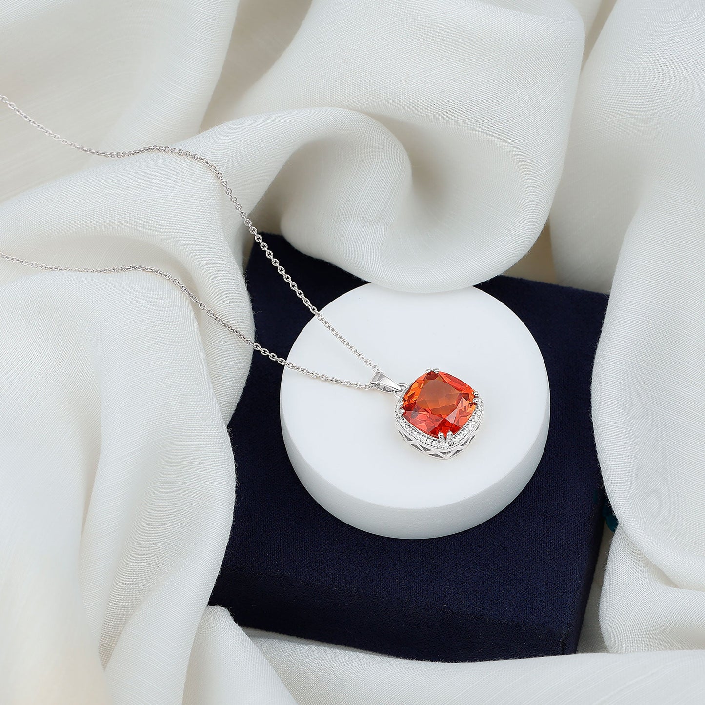 9 Carat Lab Created Orange Sapphire Diamond Statement Necklace For Women