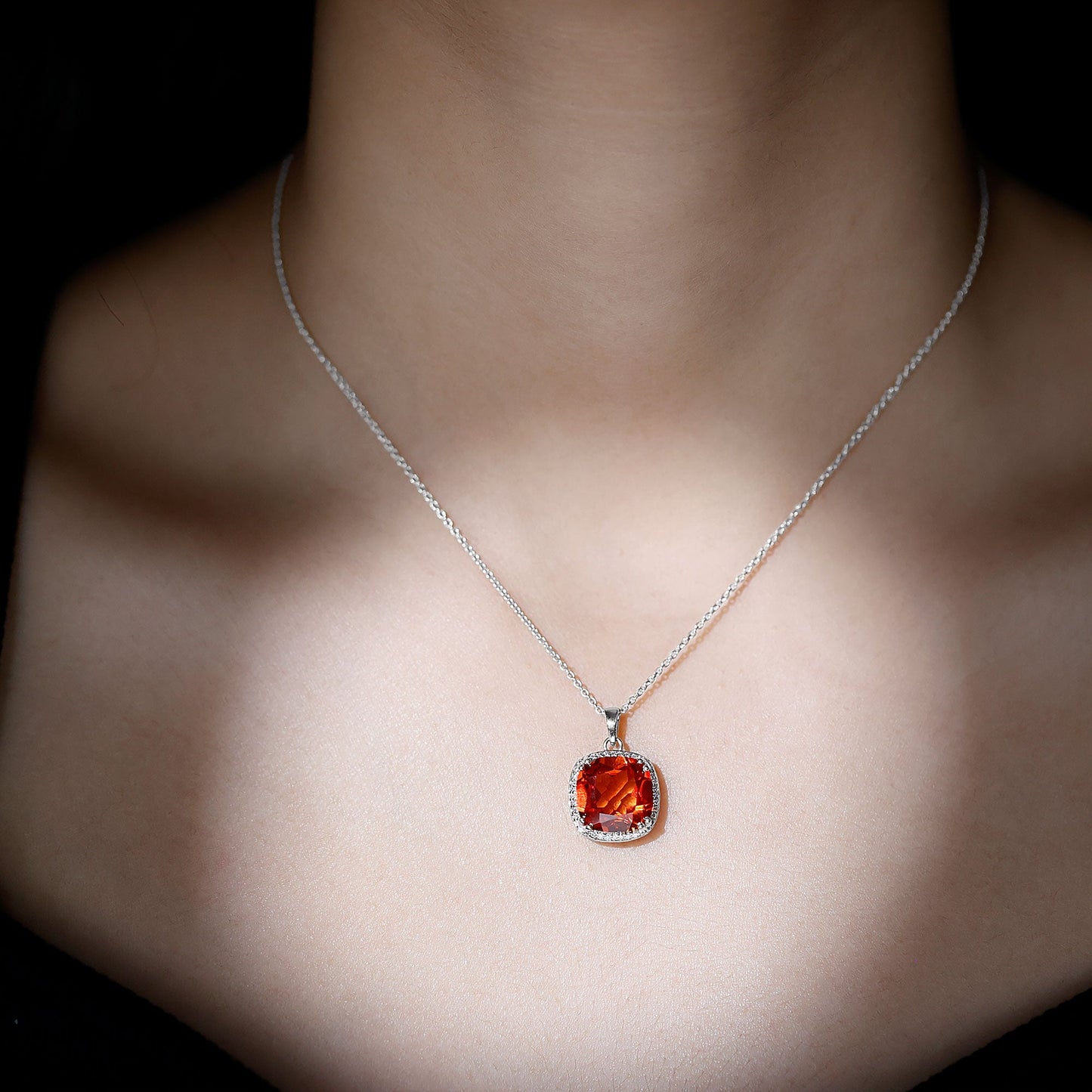 9 Carat Lab Created Orange Sapphire Diamond Statement Necklace For Women