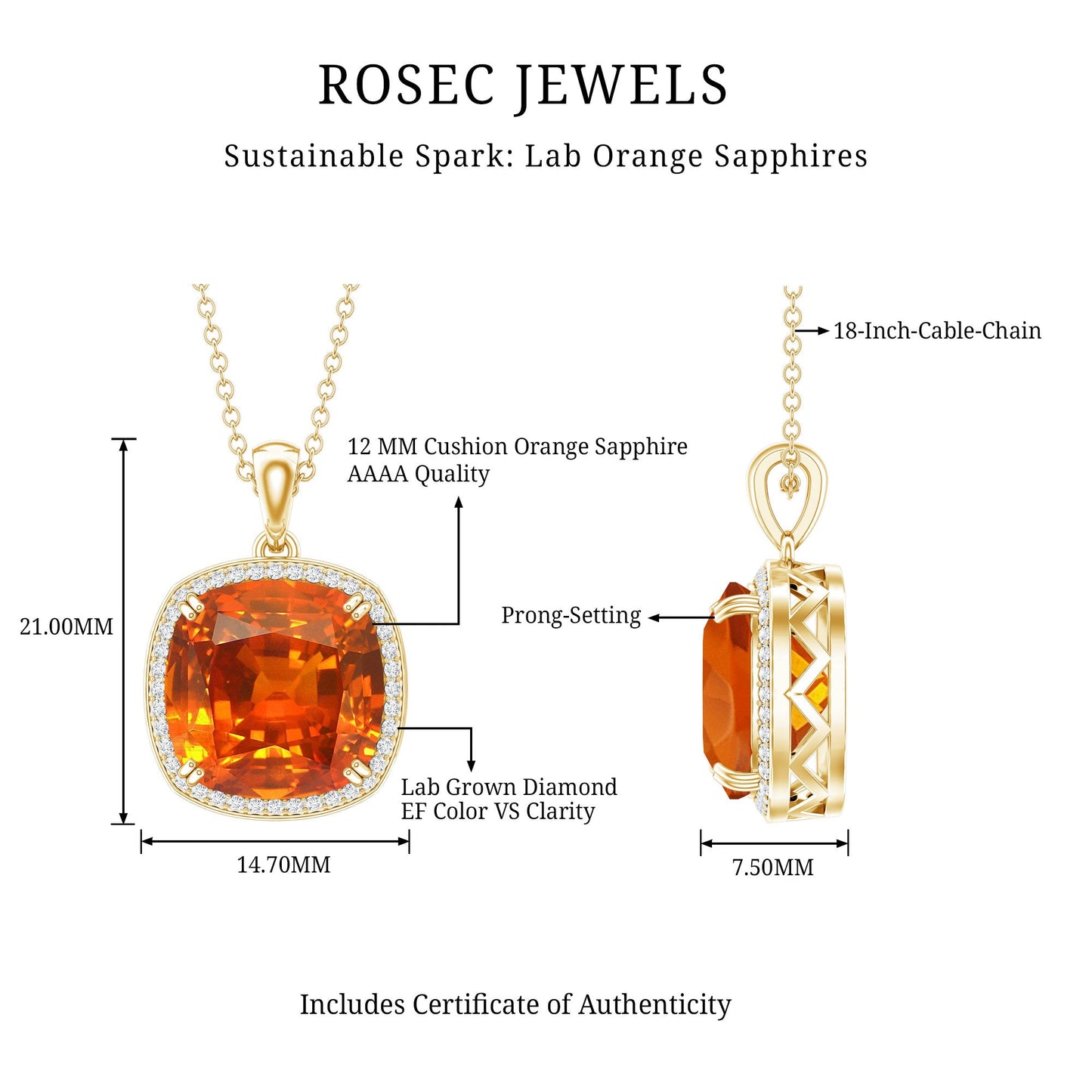 9 Carat Lab Created Orange Sapphire Diamond Statement Necklace For Women