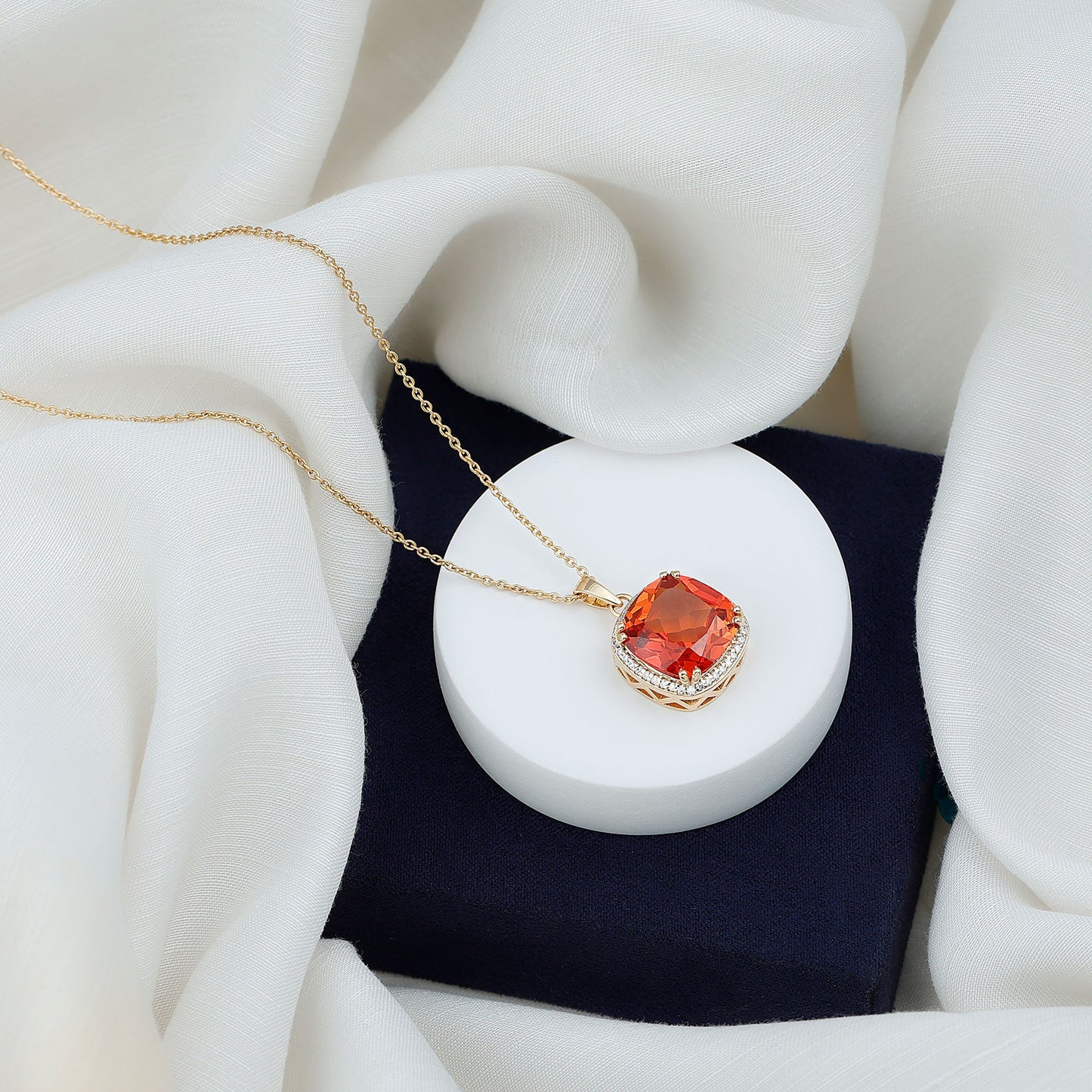9 Carat Lab Created Orange Sapphire Diamond Statement Necklace For Women