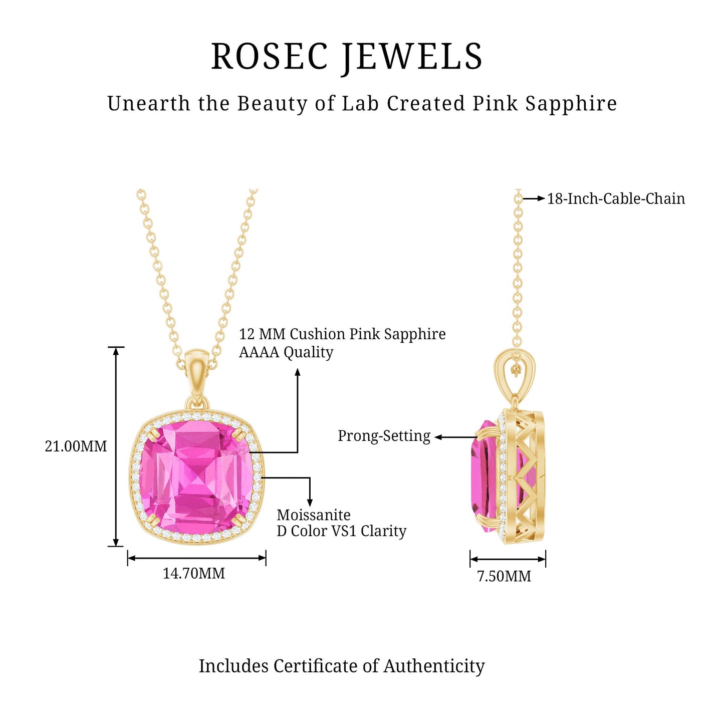 6 Carat Lab Grown Pink Sapphire Statement Pendant Necklace with Diamond Halo