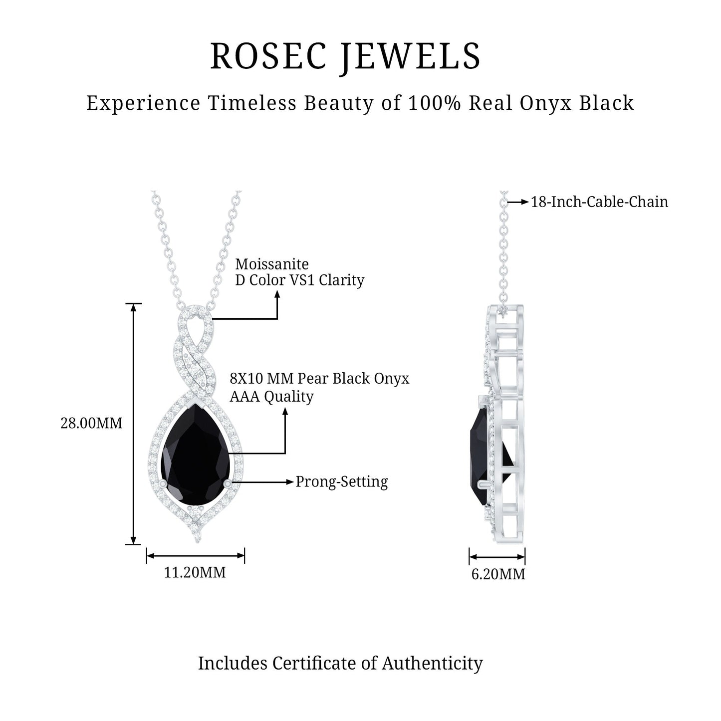 Real 2.2 Carat Black Onyx Teardrop Pendant Necklace with Moissanite