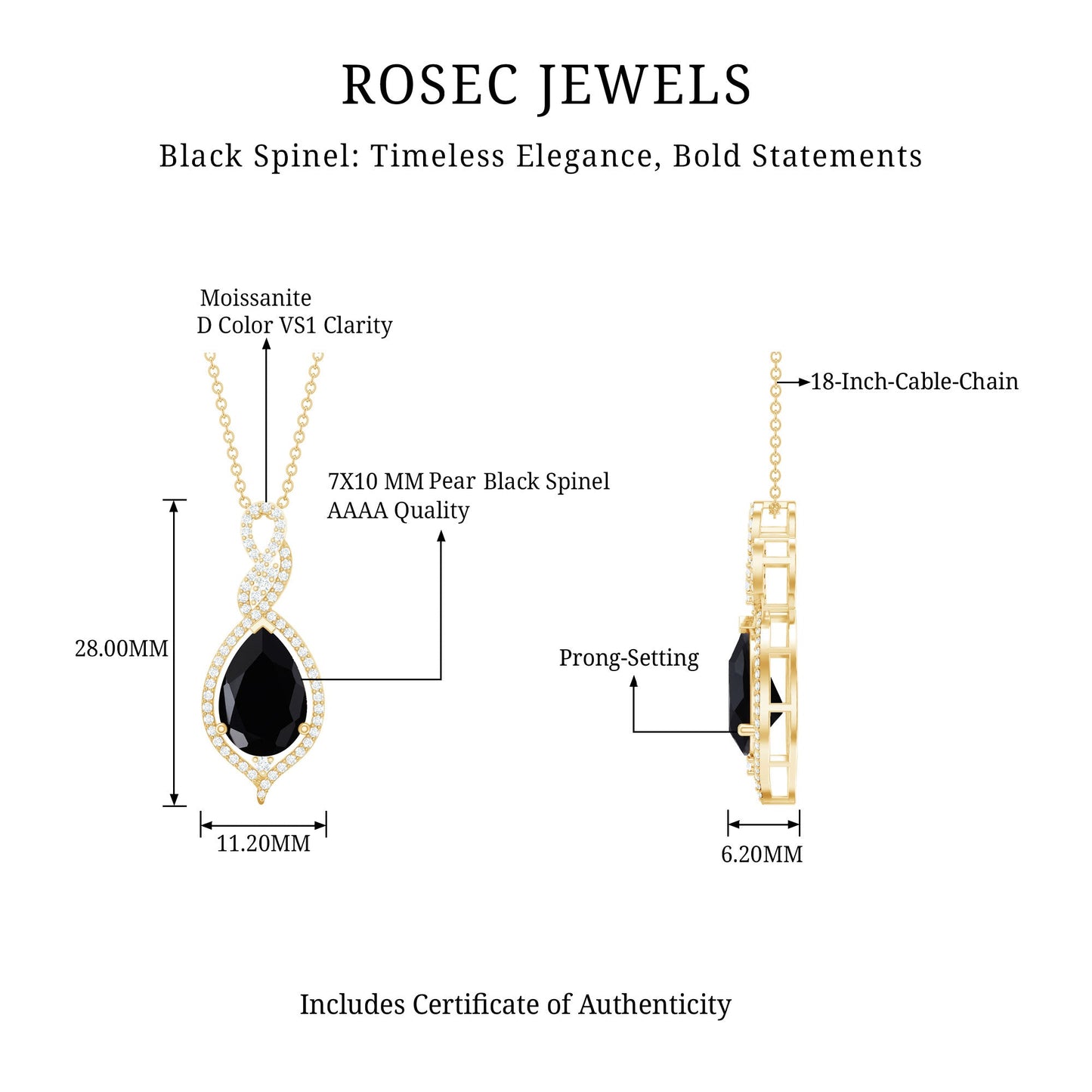1.75 Carat Pear Shape Black Spinel Statement Necklace with Moissanites