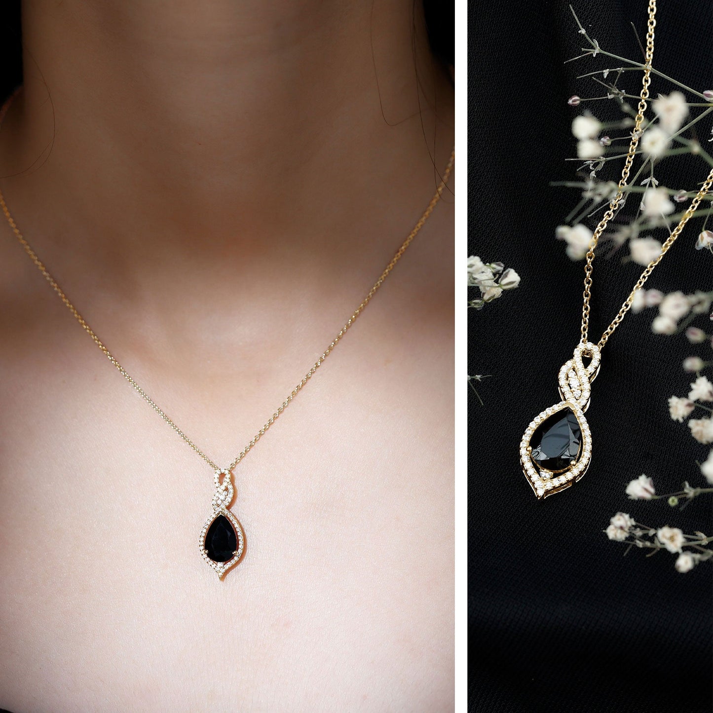 1.75 Carat Pear Shape Black Spinel Statement Necklace with Moissanites