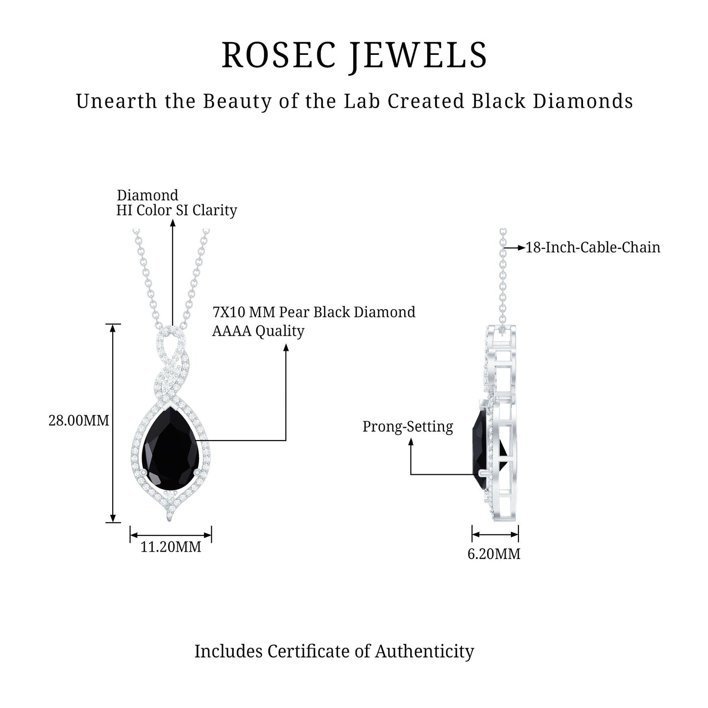 Created Black Diamond Teardrop Dangle Pendant with Diamond Accent