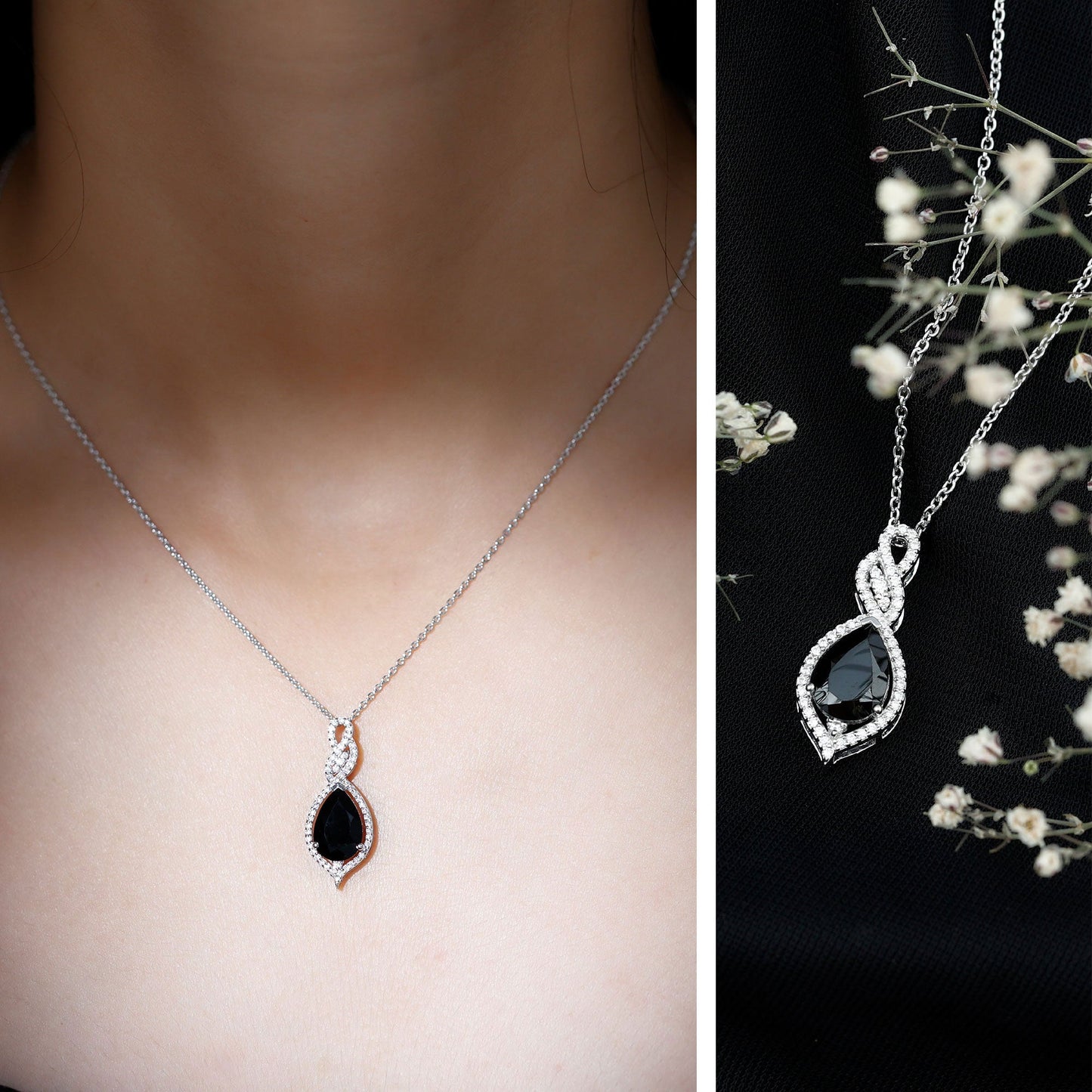 Created Black Diamond Teardrop Dangle Pendant with Diamond Accent