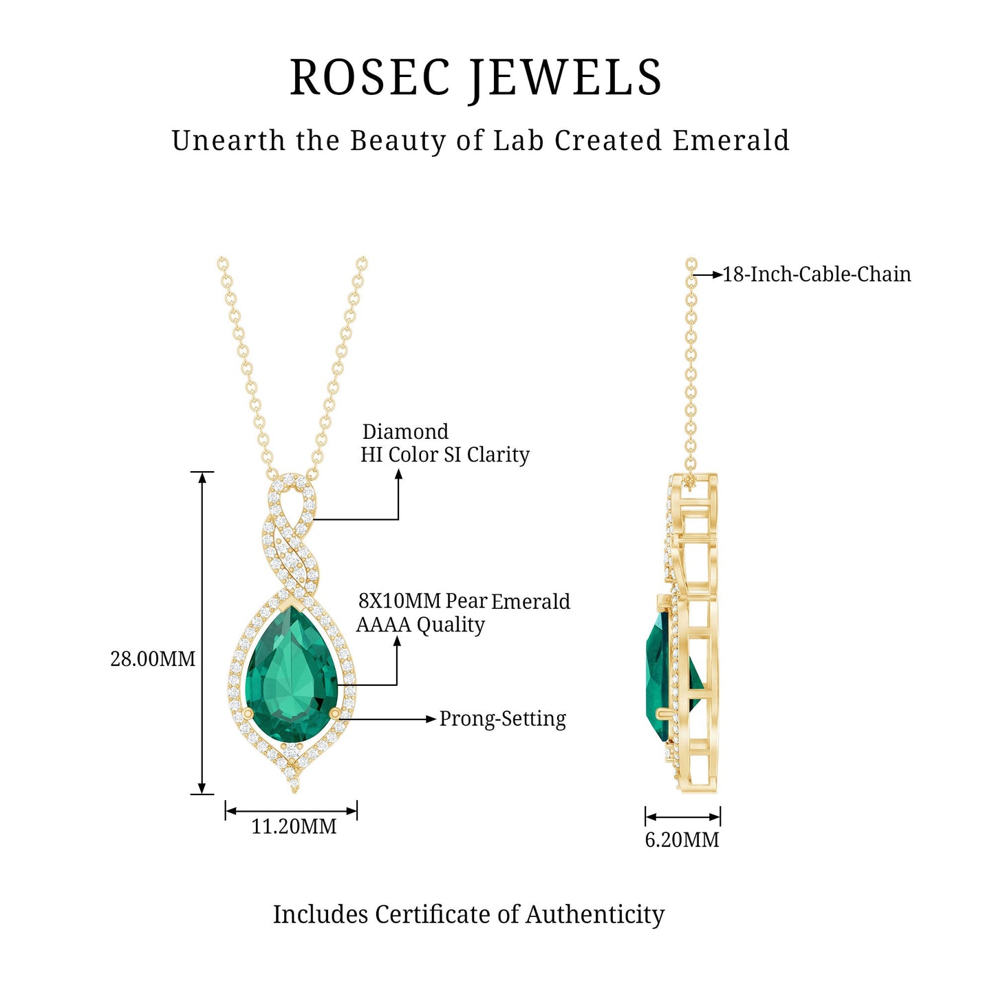Certified 2.5 Carat Lab Grown Emerald and Diamond Bridal Necklace