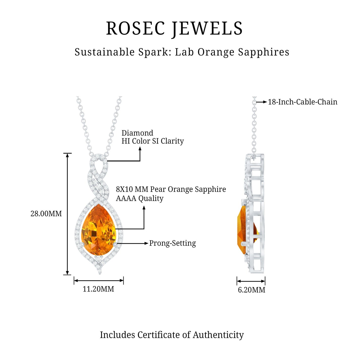 Lab Created Orange Sapphire and Diamond Teardrop Pendant for Bride