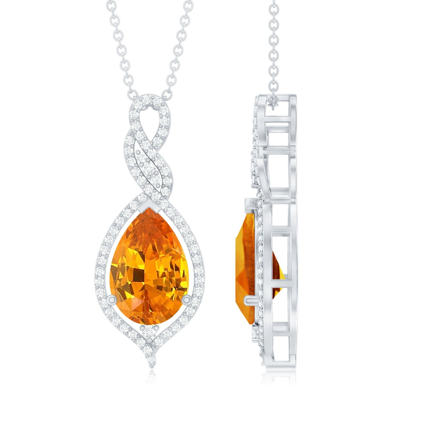 Lab Created Orange Sapphire and Diamond Teardrop Pendant for Bride