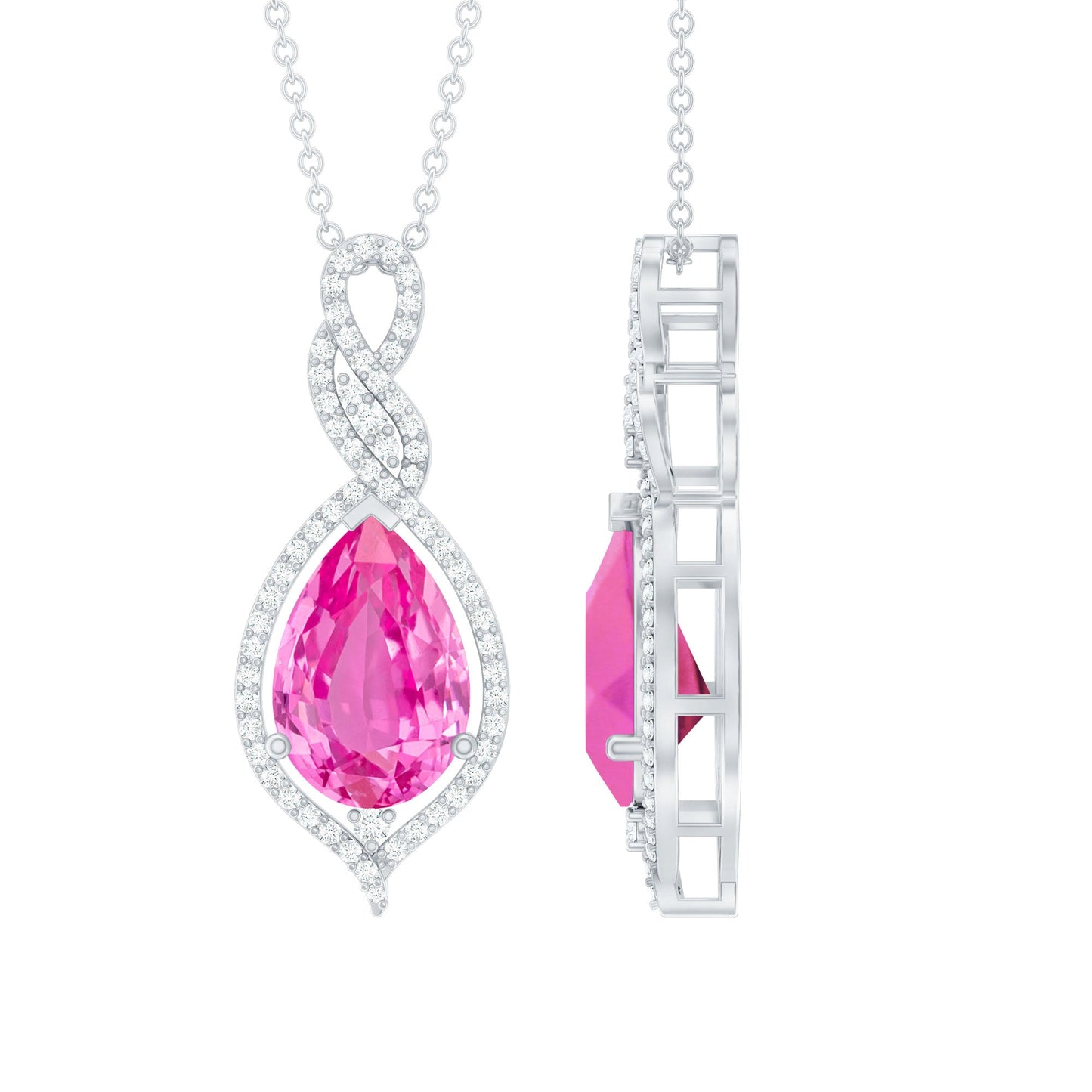 2.5 Carat Pear Cut Lab Created Pink Sapphire and Diamond Statement Pendant