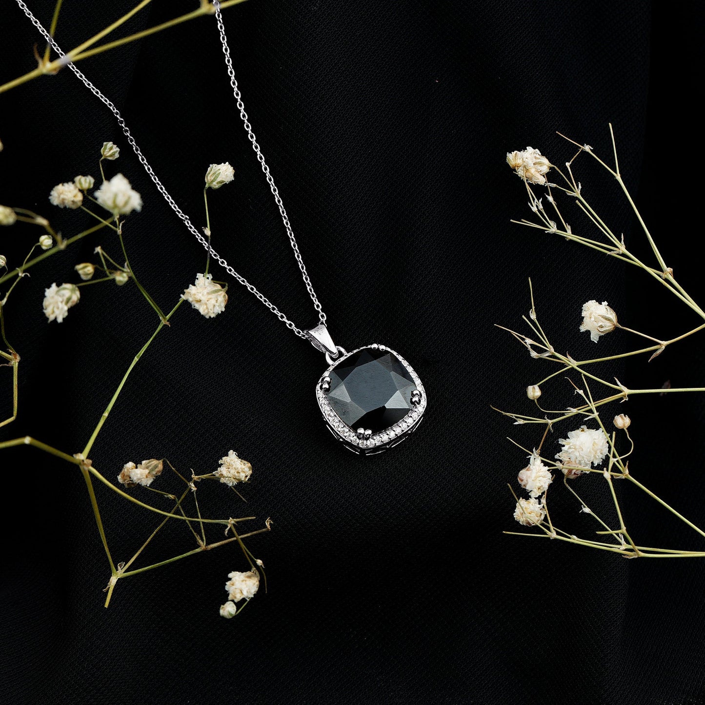 6 Carat Cushion Cut Lab Grown Black and White Diamond Halo Necklace