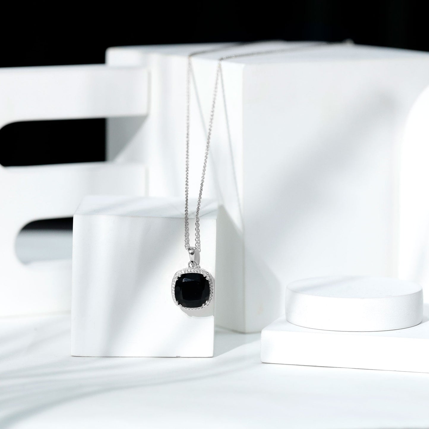 6 Carat Cushion Cut Lab Grown Black and White Diamond Halo Necklace