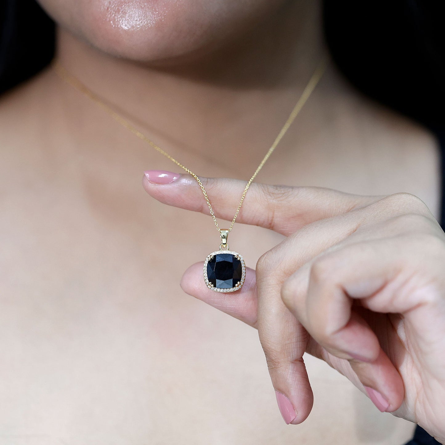 6 Carat Cushion Cut Lab Grown Black and White Diamond Halo Necklace